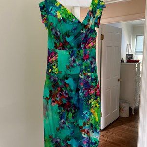 BLACK HALO Jackie O Multicolor Blue Floral Print Cotton Sheath Dress